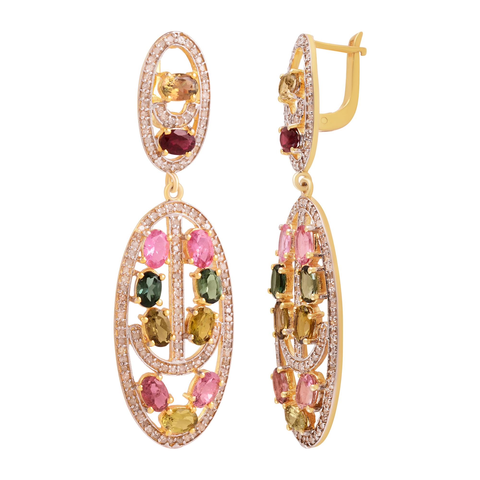 Cast from 14K gold & sterling silver, these beautiful drop earrings are hand set in 12.40 carats tourmaline and 1.47 carats of sparkling diamonds.

FOLLOW  MEGHNA JEWELS storefront to view the latest collection & exclusive pieces.  Meghna Jewels is