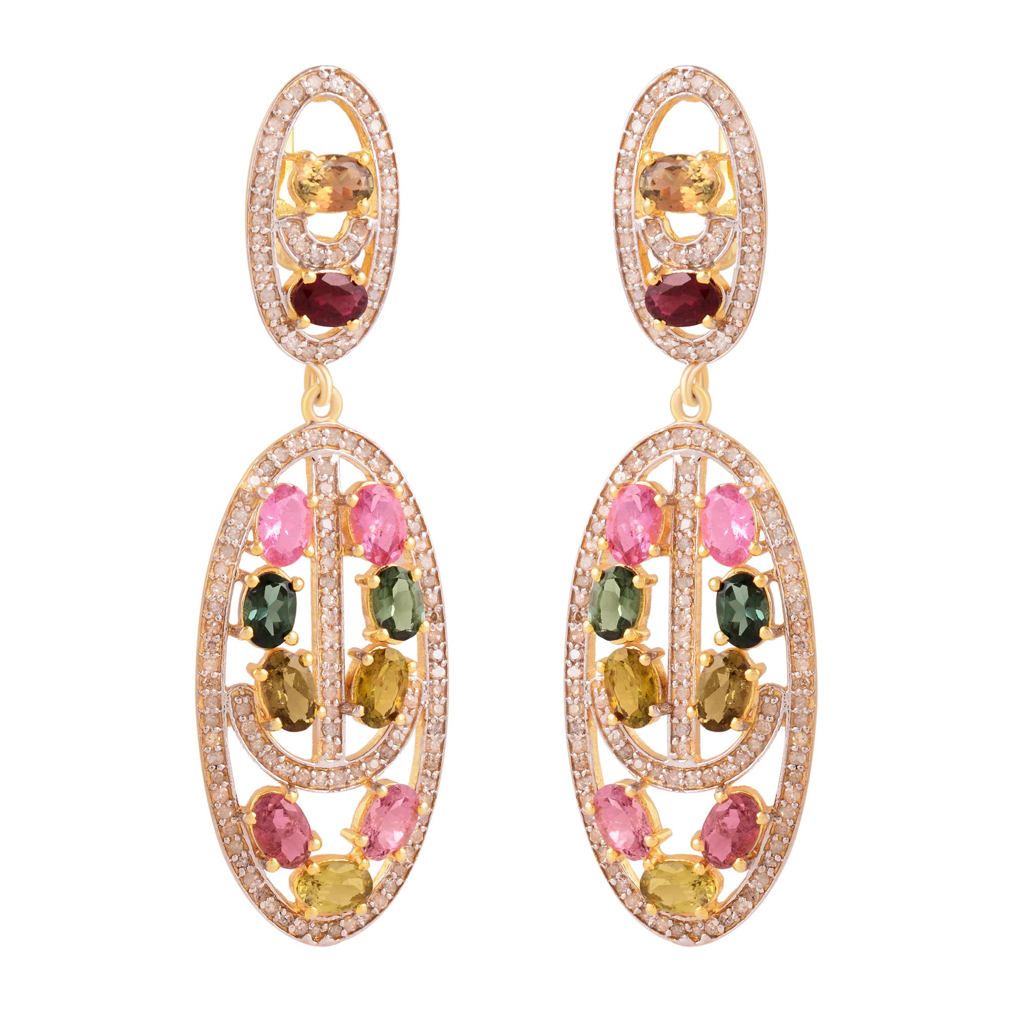 Contemporary Meghna Jewels Multi Tourmaline Diamond Drop Earrings  For Sale