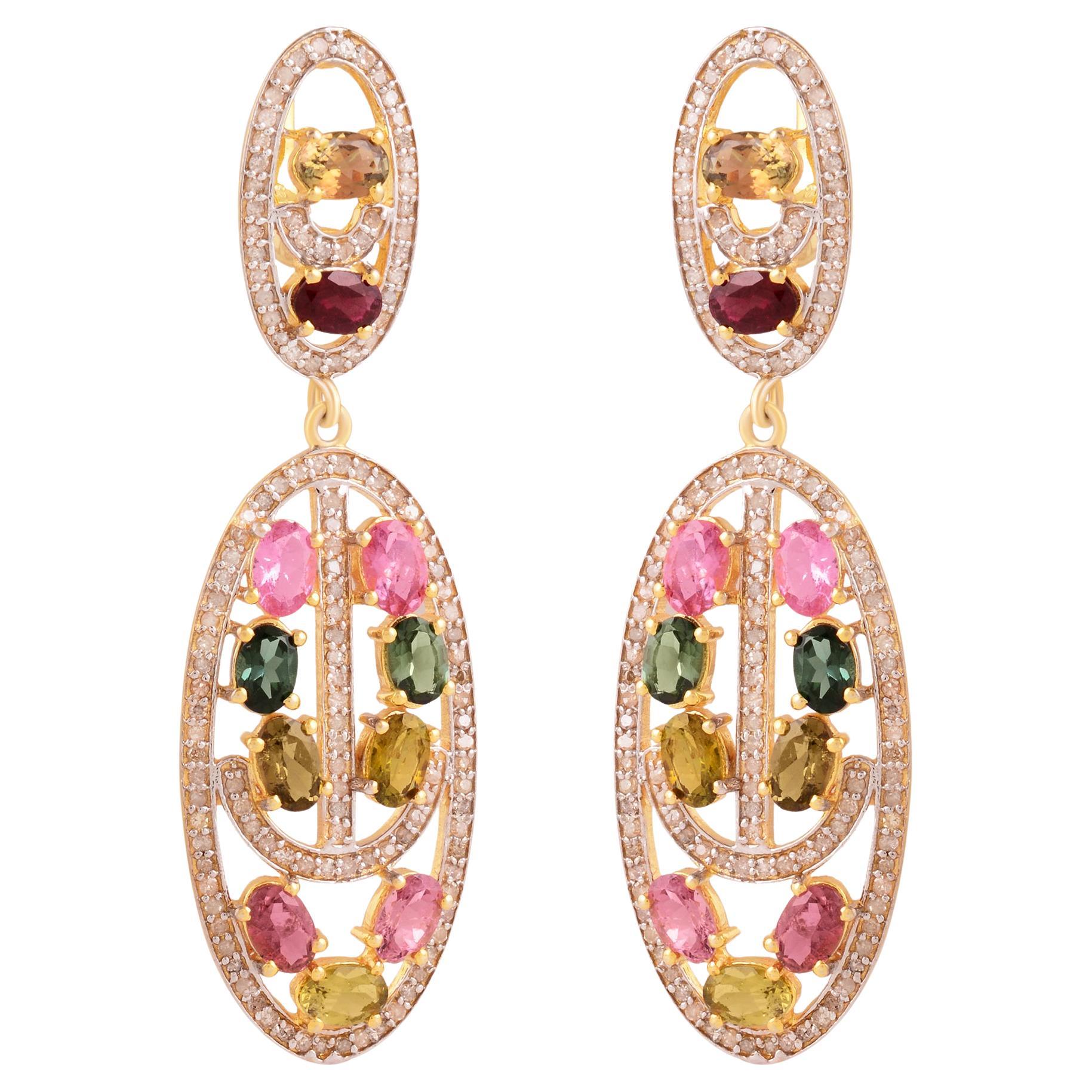 Meghna Jewels Multi Tourmaline Diamond Drop Earrings  For Sale