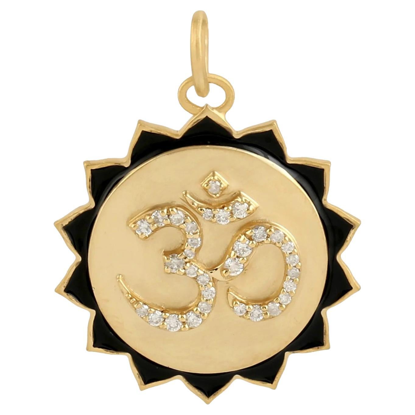 Meghna Jewels Ohm Lotus Medallion 14K Gold Diamond Enamel Charm Pendant Necklace