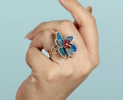 Meghna Jewels Opal Ruby Diamond 14 Karat Gold Floral Ring