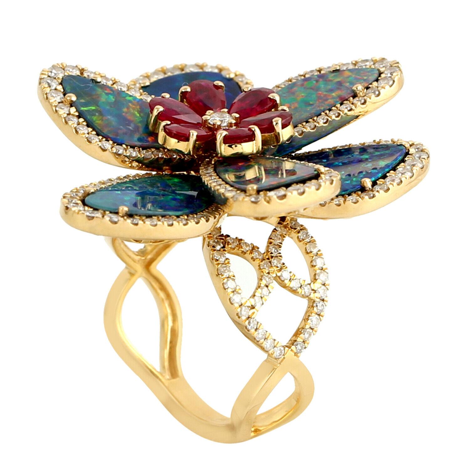 Mixed Cut Meghna Jewels Opal Ruby Diamond 14 Karat Gold Floral Ring For Sale
