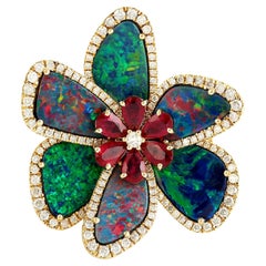 Meghna Jewels Opal Ruby Diamond 14 Karat Gold Floral Ring