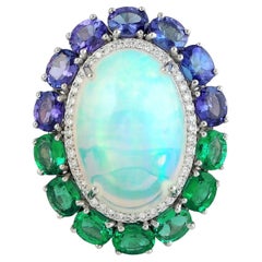  Meghna Jewels Opal Tanzanite Emerald Diamond 14 Karat Gold Ring