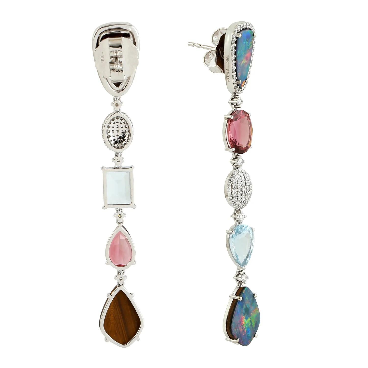 Mixed Cut Meghna Jewels Opal Tourmaline Aquamarine Diamond 18 Karat Gold Earrings  For Sale