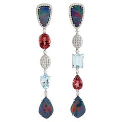 Meghna Jewels Opal Tourmaline Aquamarine Diamond 18 Karat Gold Earrings 
