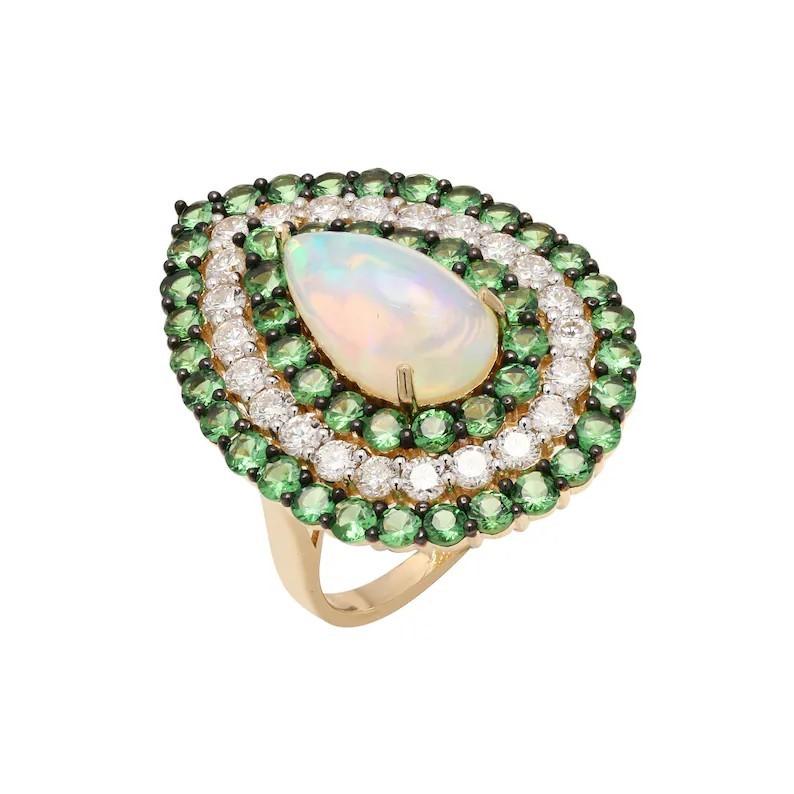 Contemporary Meghna Jewels Opal Tsavorite Diamond 14 Karat Gold Ring For Sale
