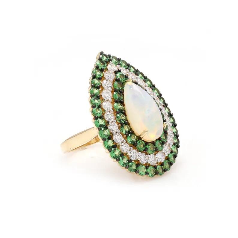 Pear Cut Meghna Jewels Opal Tsavorite Diamond 14 Karat Gold Ring For Sale