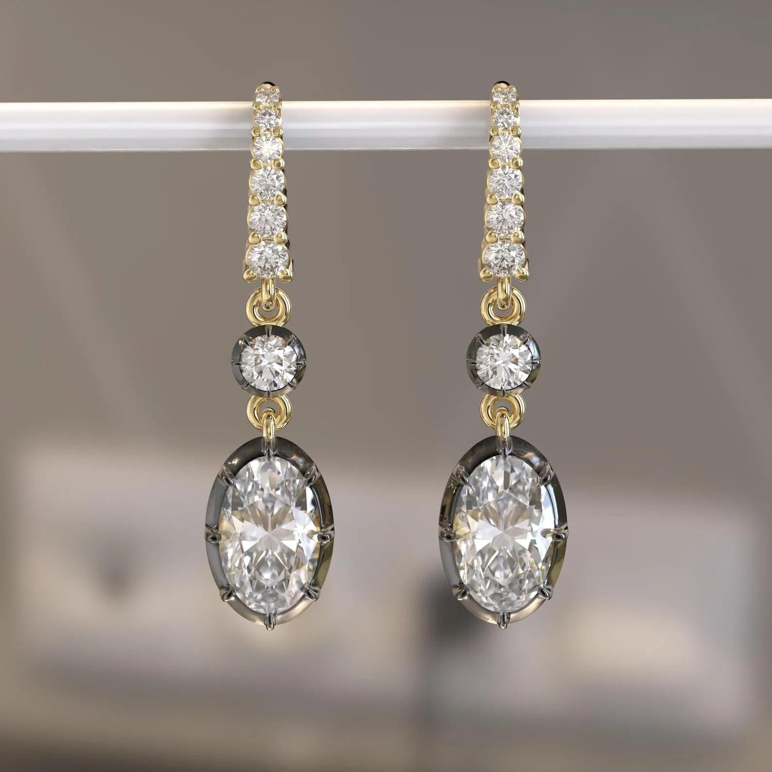 Taglio ovale MEGHNA JEWELS Orecchini a goccia ovali con diamante in oro 14 carati in stile antico in vendita