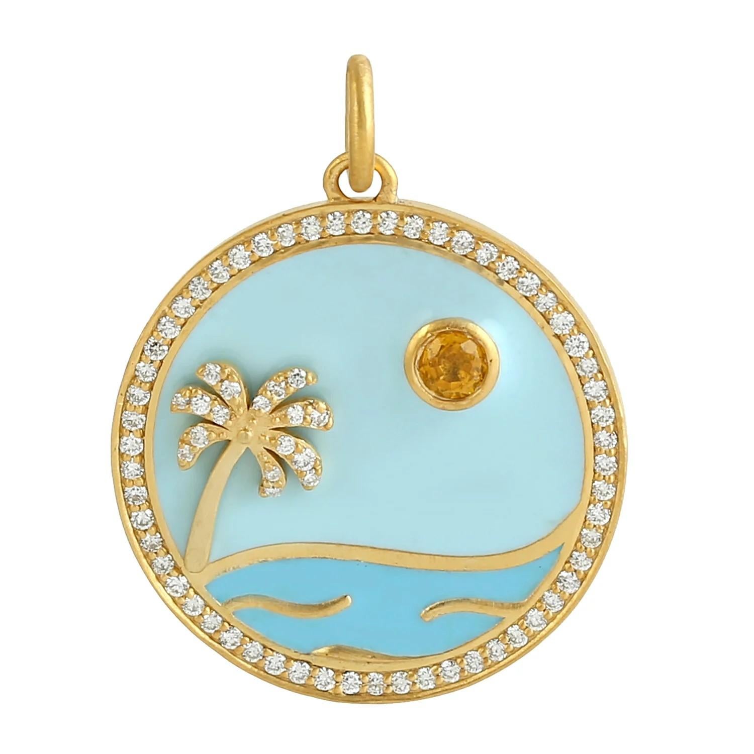 Mixed Cut Meghna Jewels Paradise Island Medallion 14K Gold Diamond Charm Pendant Necklace For Sale