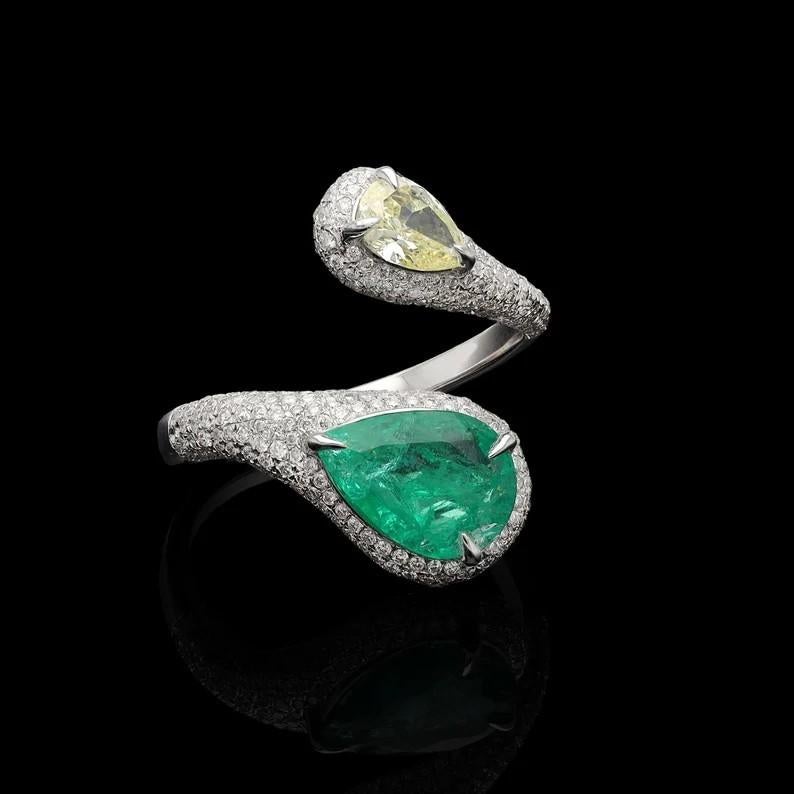 Contemporary Meghna Jewels Pear Cut Emerald Diamond 18K White Gold Bypass Ring For Sale