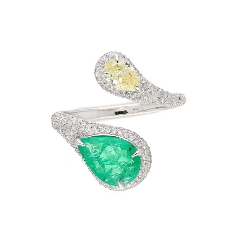 Meghna Jewels Pear Cut Emerald Diamond 18K White Gold Bypass Ring In New Condition For Sale In Hoffman Estate, IL