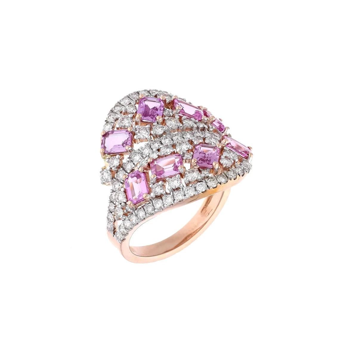 Taille émeraude Meghna Jewels, bague en or 18 carats, saphir rose et diamant en vente