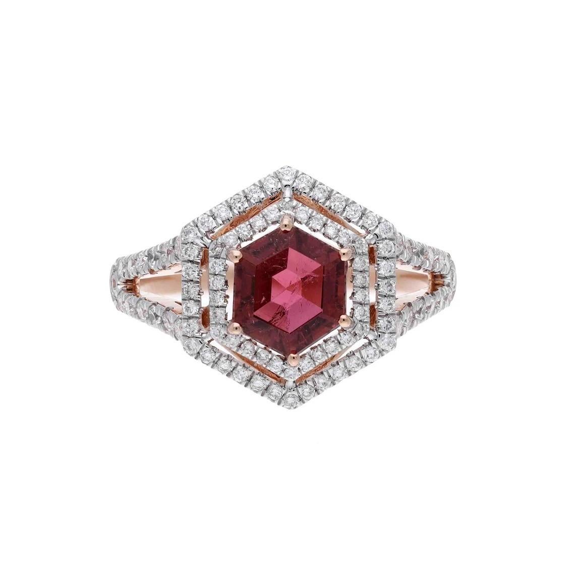 Hexagon Cut Meghna Jewels Pink Tourmaline Diamond 18 Karat Rose Gold Ring For Sale