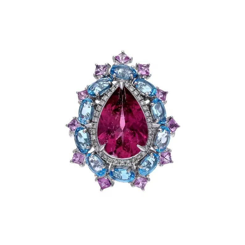 Taglio a goccia Anello MEGHNA JEWELS con diamante e tormalina rosa in oro bianco 18 carati in vendita