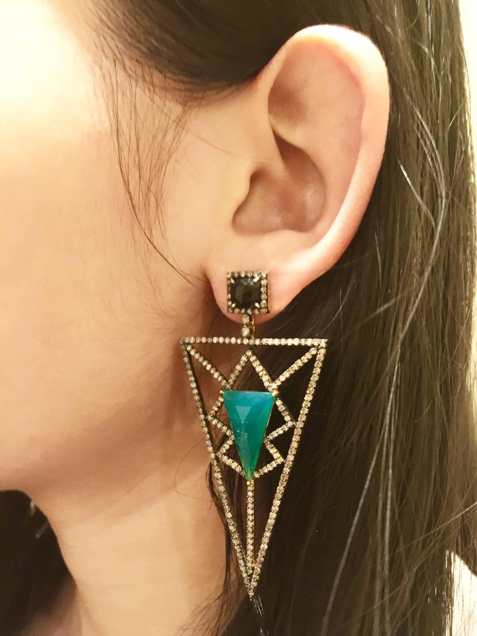 Part of our Bora Bora Collection, Pyramid earring is set with 3.82-carats of champagne diamonds. Expertly handcrafted from 18-karat gold, sterling silver and 8.60 carat green onyx.  Fun twist to fine jewelry, these gorgeous earrings can elevate any