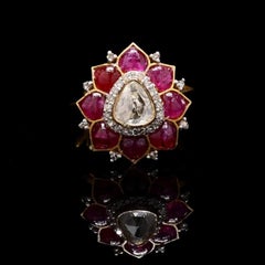 Meghna Jewels Ruby Rosecut Diamond 18 Karat Yellow Gold Lotus Ring