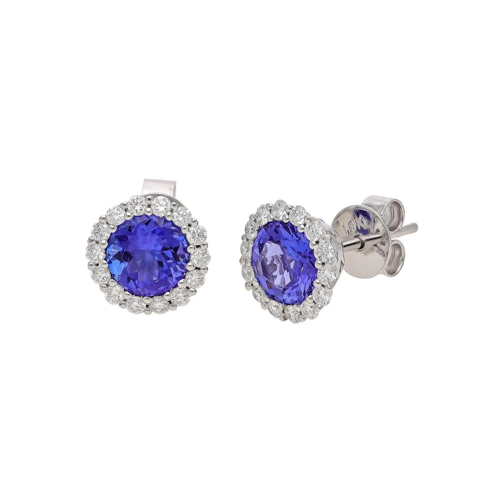 Round Cut Meghna Jewels Tanzanite 14 Karat Diamond Stud Earrings For Sale