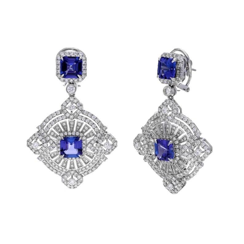 Meghna Jewels Pendientes de diamantes de oro de 18 quilates estilo Art Déco con tanzanita Art Decó en venta