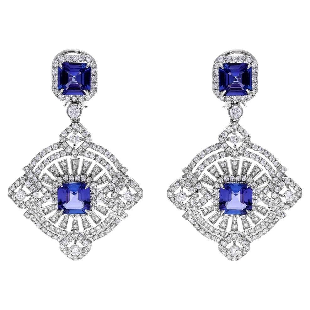 Meghna Jewels Tanzanite Diamond 18K Gold Art Deco Style Diamond Earrings