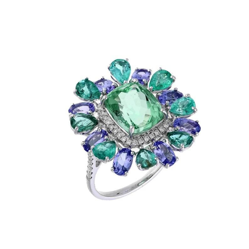 Modern Meghna Jewels Tourmaline Emerald Tanzanite Diamond 18 Karat Gold Ring For Sale