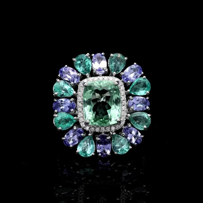 Mixed Cut Meghna Jewels Tourmaline Emerald Tanzanite Diamond 18 Karat Gold Ring For Sale