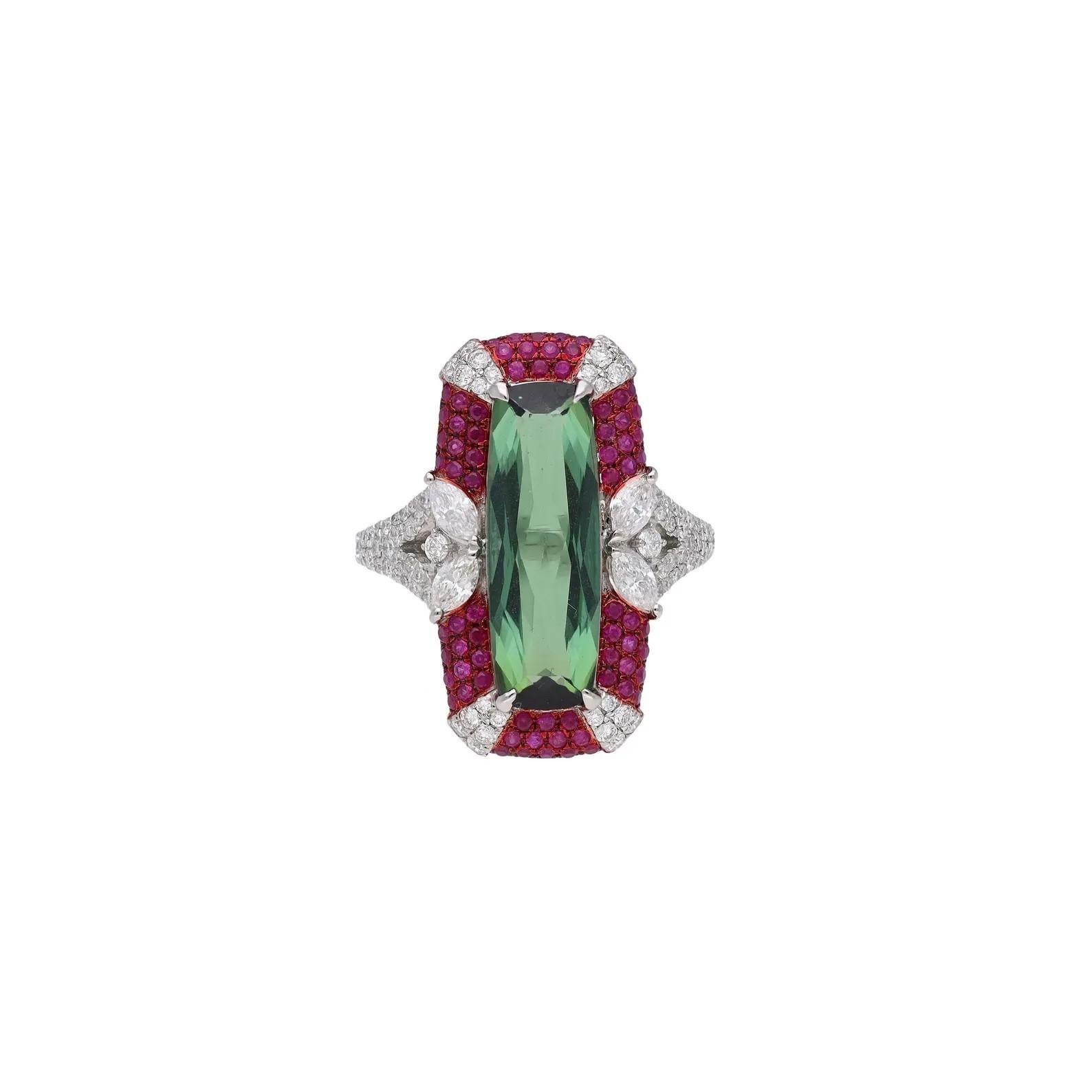 Meghna Jewels Anillo de oro de 18 quilates con turmalina, rubí y diamante Contemporáneo en venta