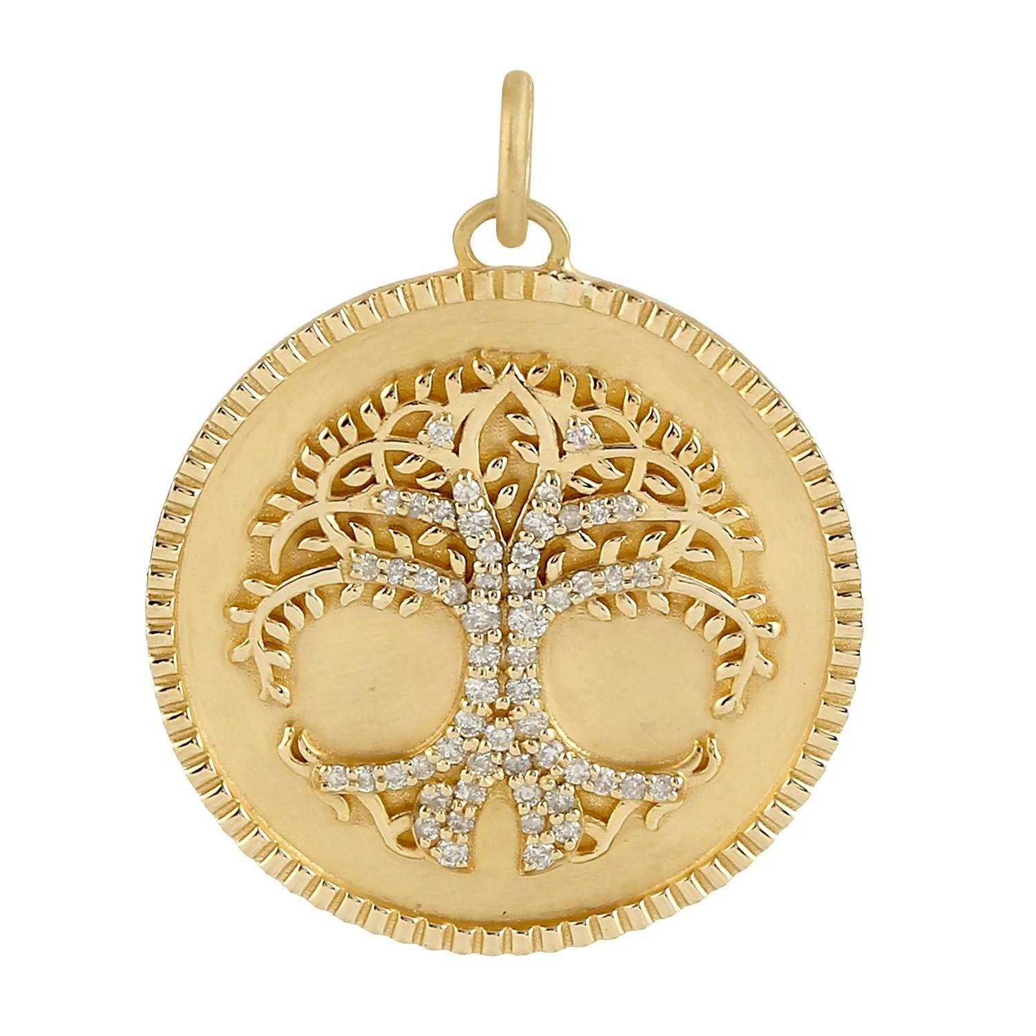 Modern Meghna Jewels Tree of Life Medallion 14K Gold Diamond Charm Pendant Necklace For Sale