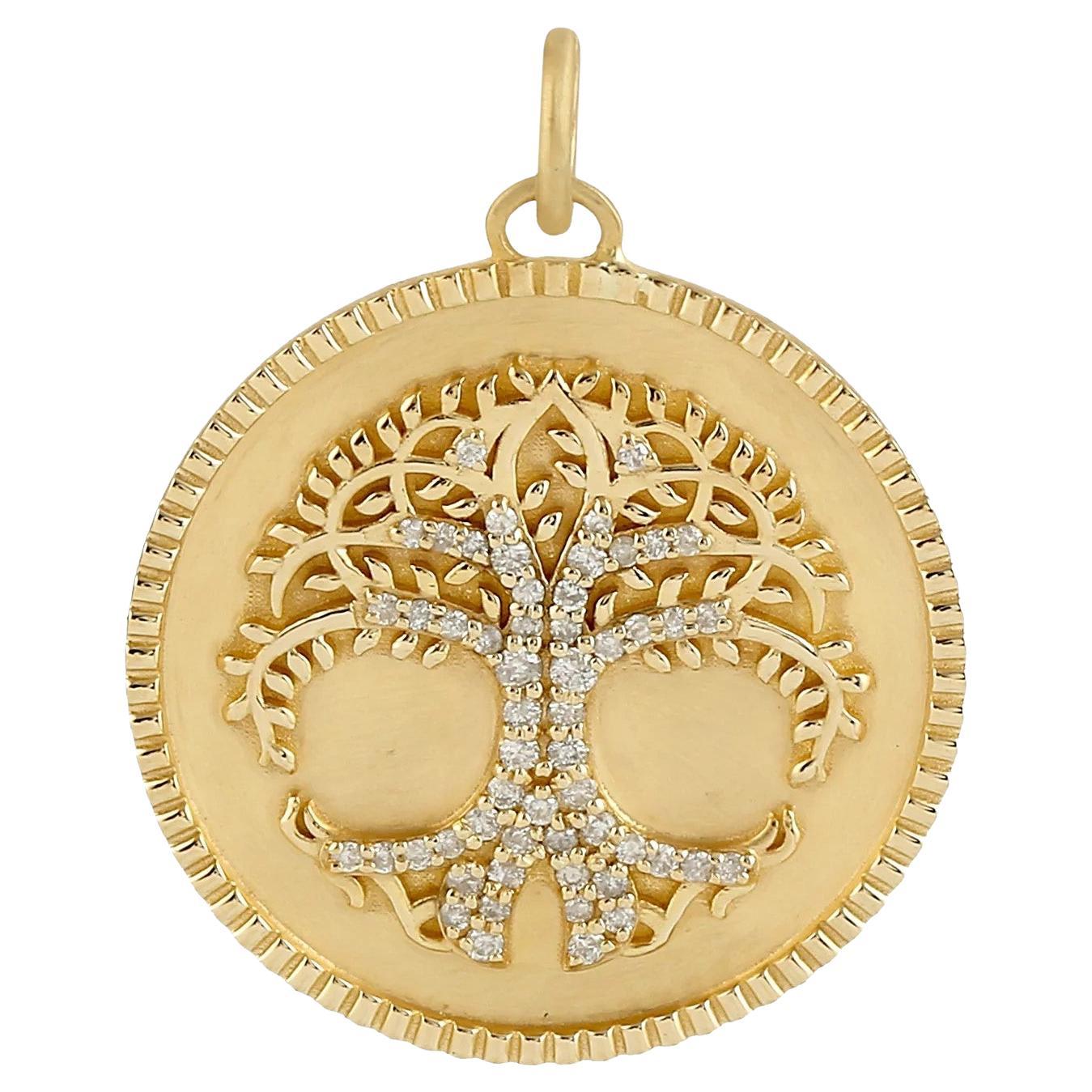 Meghna Jewels Tree of Life Medallion 14K Gold Diamond Charm Pendant Necklace For Sale