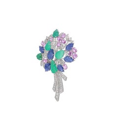 Meghna Jewels Tutti Fruti Carved Emerald Sapphire Diamond 18 Karat Gold Brooch