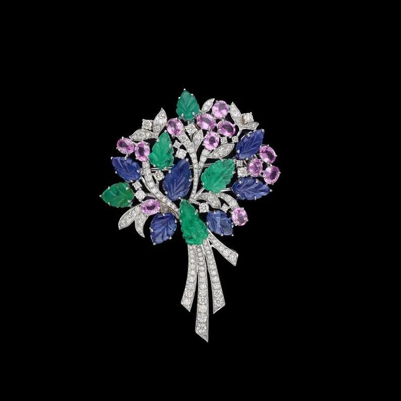 Meghna Jewels Broche de oro de 18 quilates Tutti Fruti Esmeralda tallada Zafiro Diamante Artesano en venta