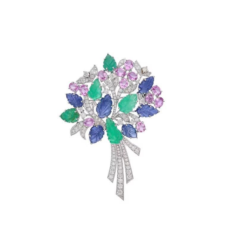Meghna Jewels Broche de oro de 18 quilates Tutti Fruti Esmeralda tallada Zafiro Diamante Corte mixto en venta