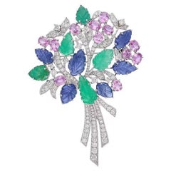 Meghna Jewels Tutti Fruti Carved Emerald Sapphire Diamond 18 Karat Gold Brooch
