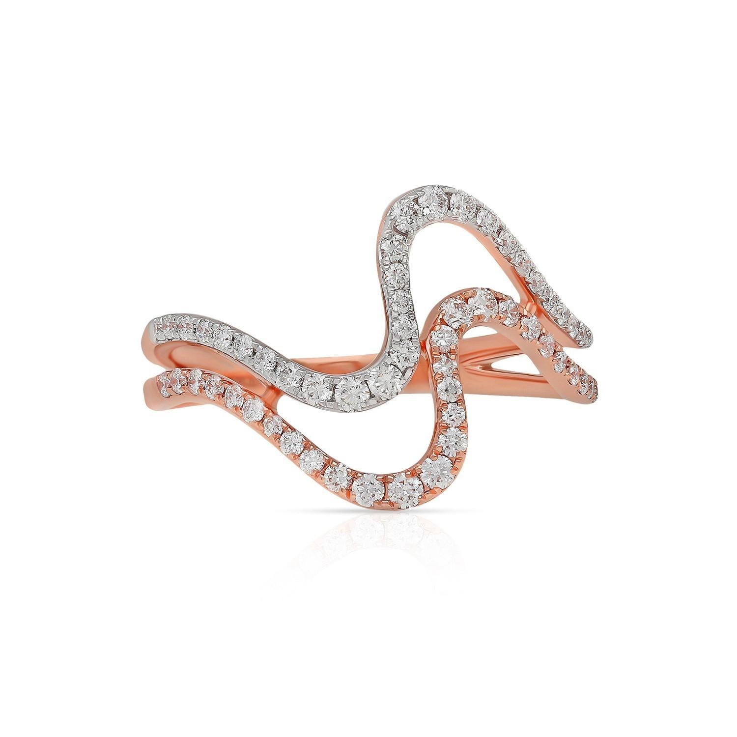 Contemporary Meghna Jewels Two Tone Diamond 18 Karat Gold Wave Ring For Sale
