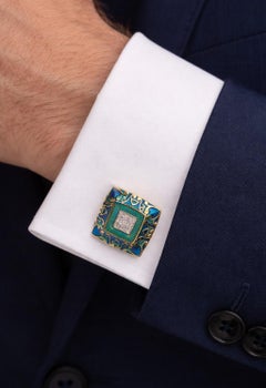 Gemelos de esmalte azul y diamantes estilo vintage Meghna Jewels