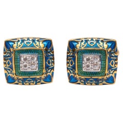 Gemelos de esmalte azul y diamantes estilo vintage Meghna Jewels