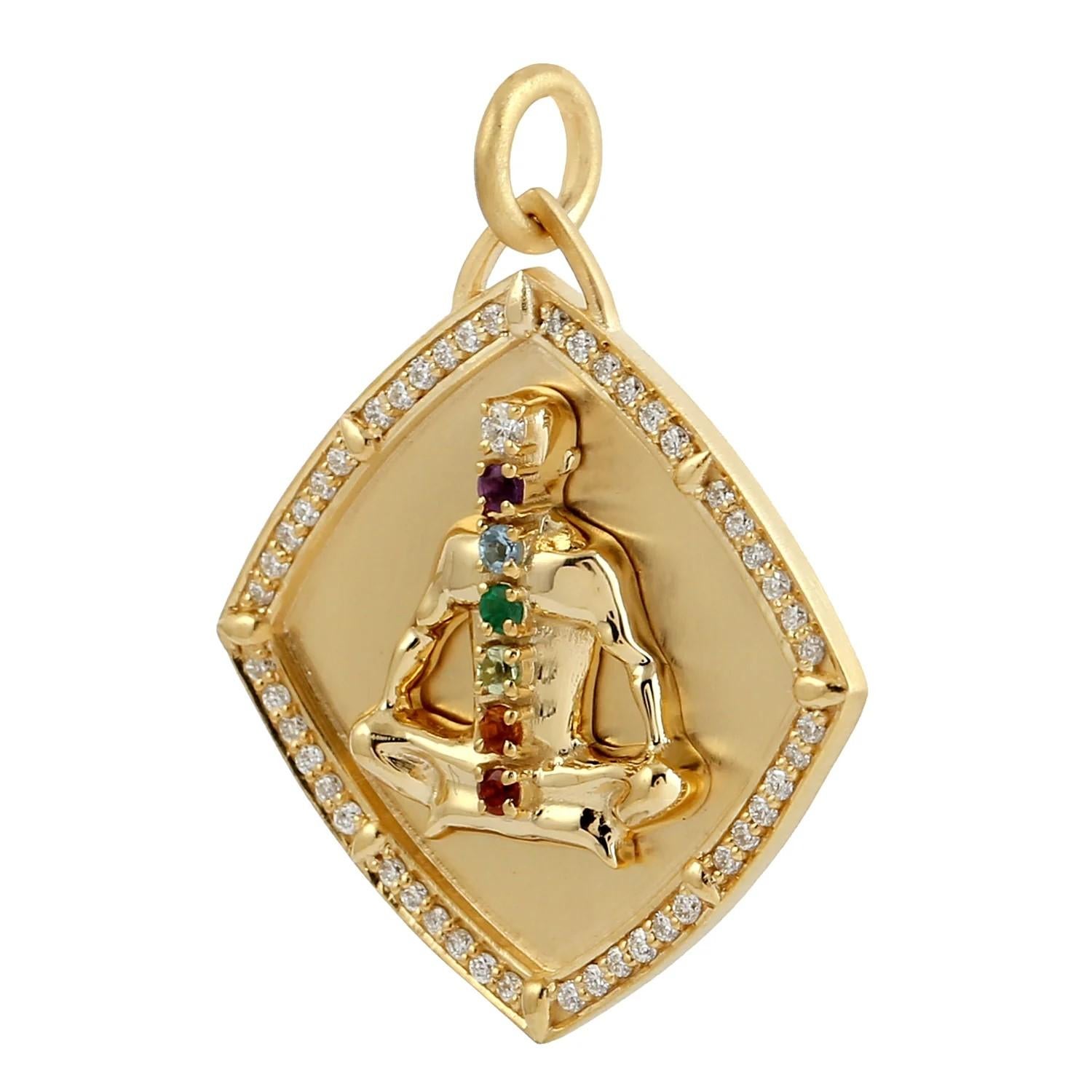 This medallion charm has been meticulously crafted from 14-karat gold and set in mixed gemstones & .28 carats of sparkling diamonds. 

A chakra is an energy center. In a perfectly healthy person, the chakras work in unison to create life-force