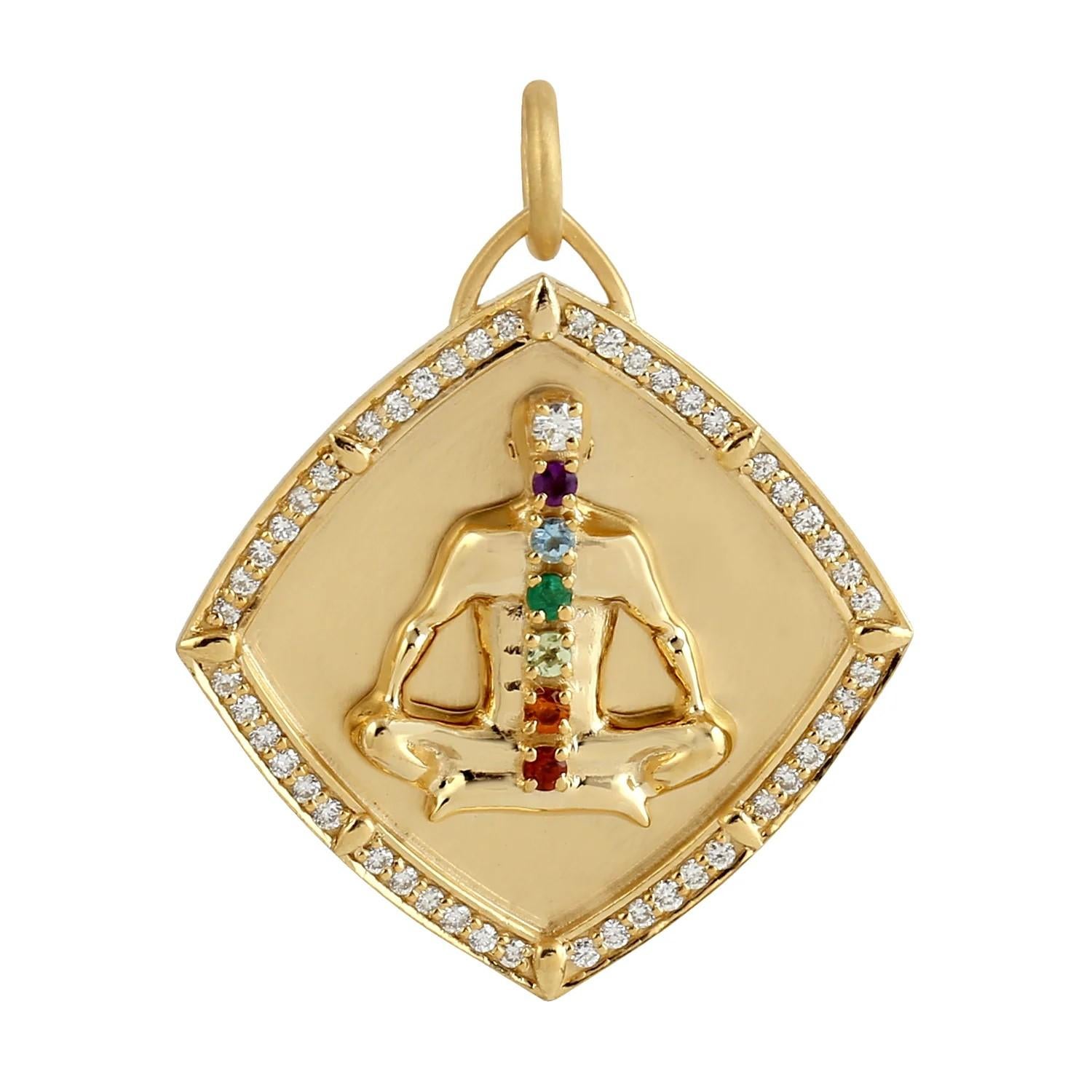 Modern Meghna Jewels Yoga 7 Chakra Medallion 14K Gold Diamond Charm Pendant Necklace For Sale