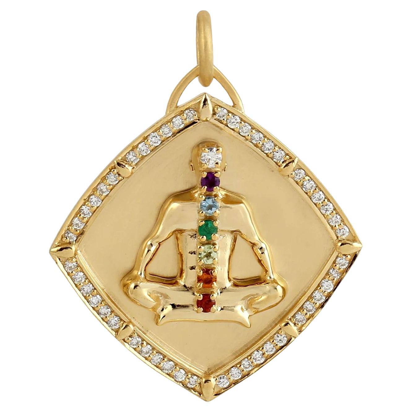Meghna Jewels Yoga 7 Chakra Medallion 14K Gold Diamond Charm Pendant Necklace For Sale