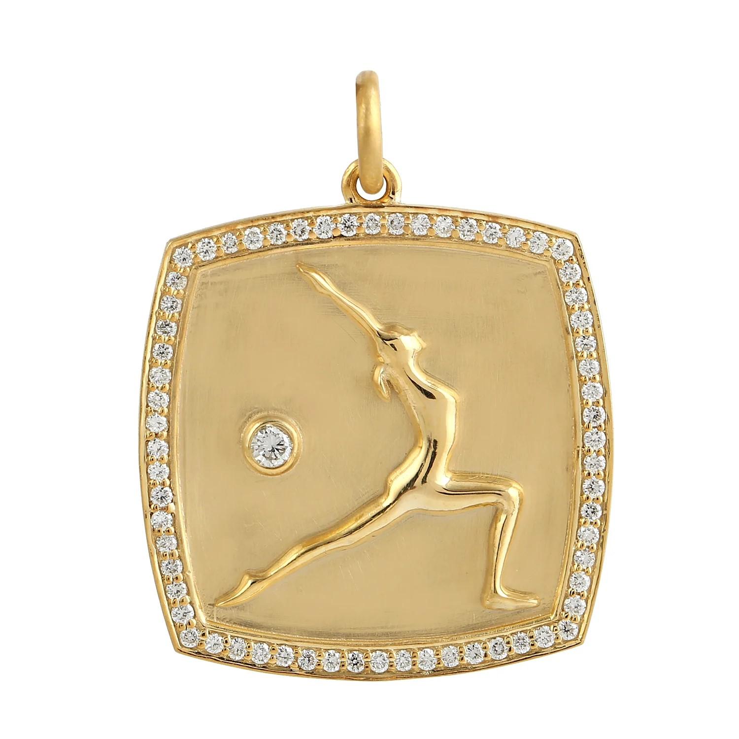Modern Meghna Jewels Yoga Medallion 14K Gold Diamond Charm Pendant Necklace For Sale
