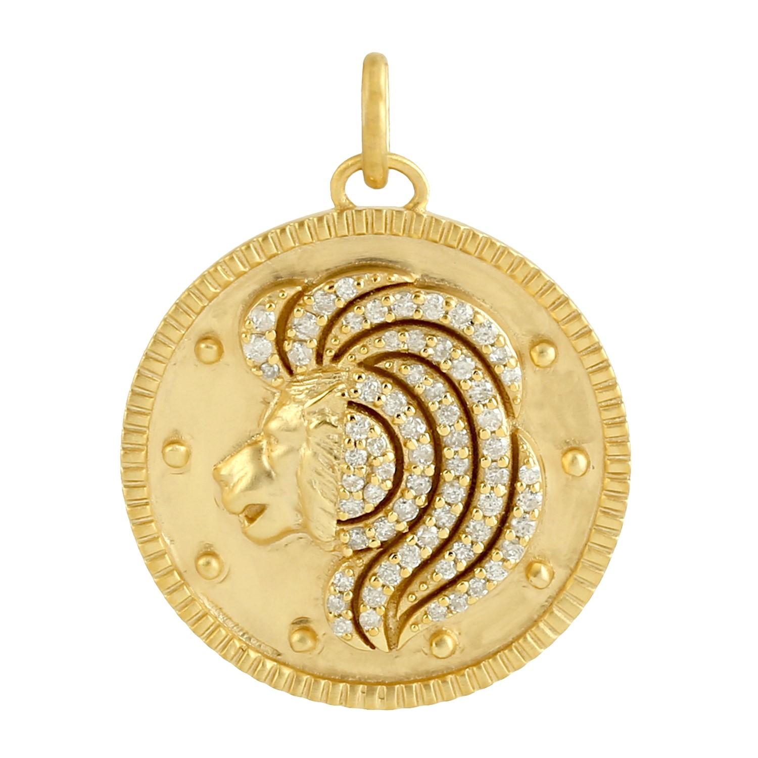 Contemporary Meghna Jewels Zodiac Leo Medallion Charm 14K Yellow Gold Pendant Necklace For Sale