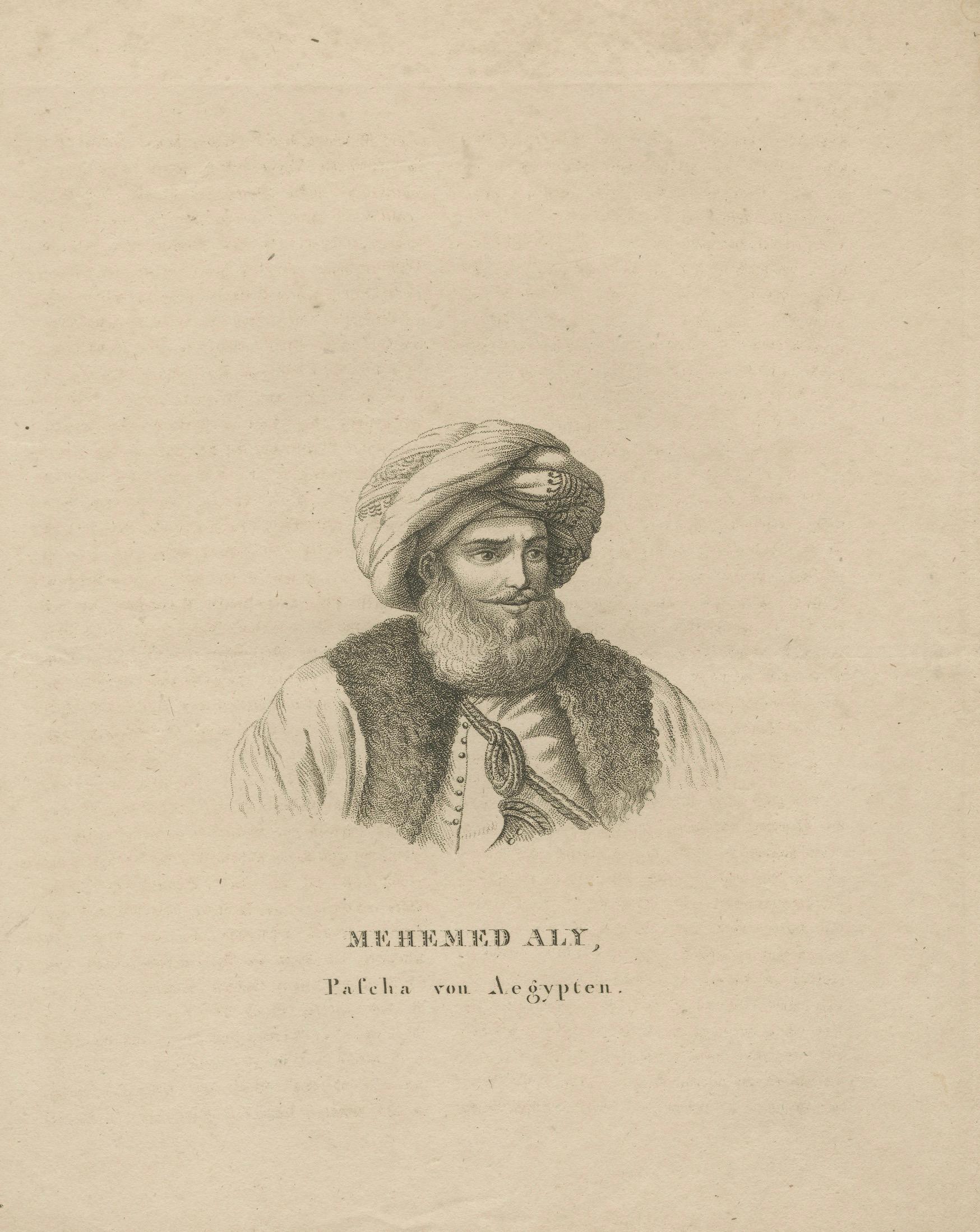 Portrait of Mehmed Ali Pasha of Egypt – Early 19th Century Engraving

Description:
This finely detailed antique engraving portrays Mehmed Ali Pasha (c.1769–1849), the Ottoman Albanian commander who became the ruler of Egypt and is regarded as the