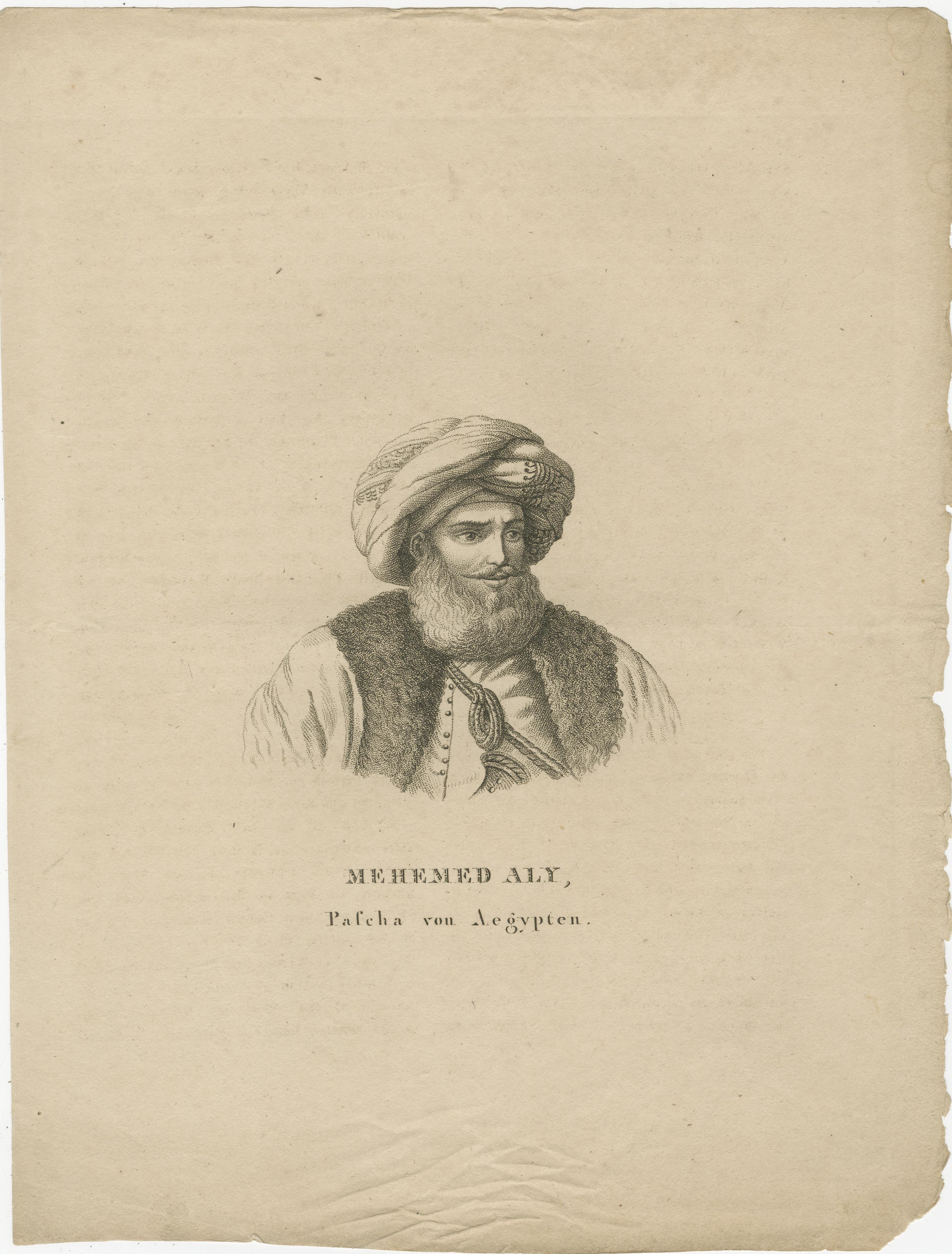 Mehmed Ali Pasha of Egypt – Early 19th Century Portrait Engraving, circa 1830 In Good Condition For Sale In Langweer, NL