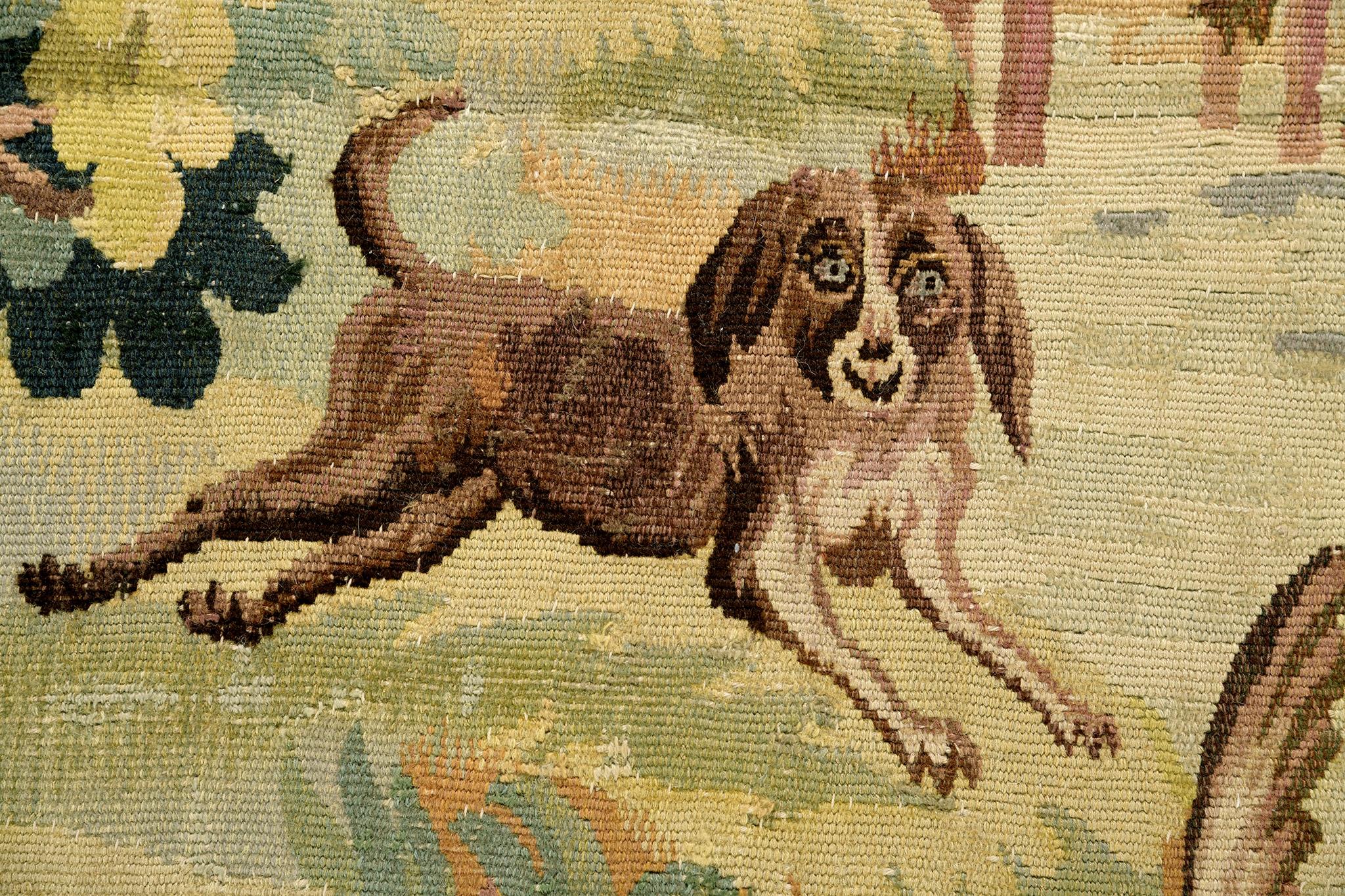 A masterpiece from France in the 1800s represents a traditional forested scene with ducks and a dog. With its intricate details, this handmade tapestry illustrates artistry and sophistication. You are in the right choice in adding this centerpiece
