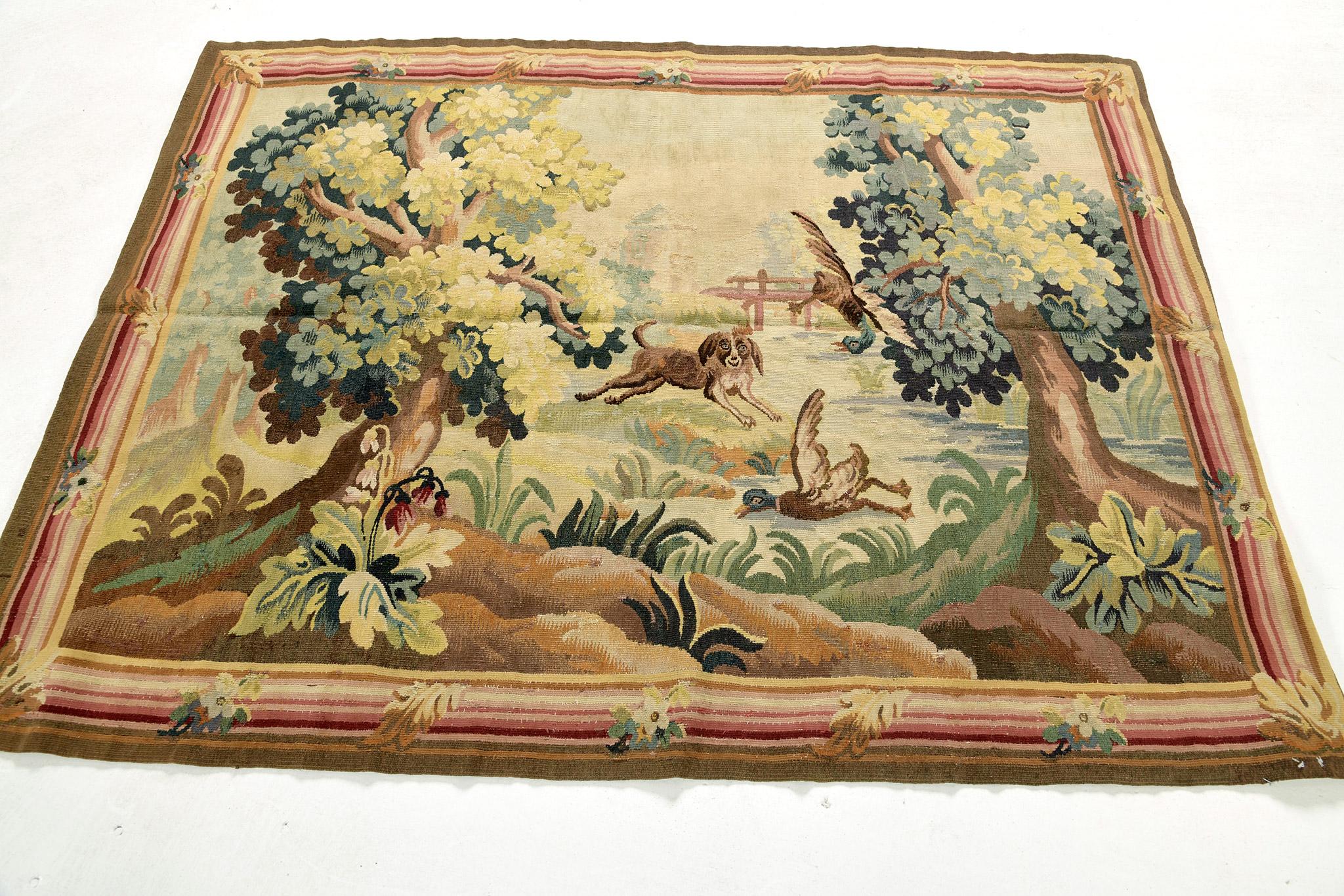 Hand-Knotted Mehraban 1900's Antique Horizontal French Tapestry