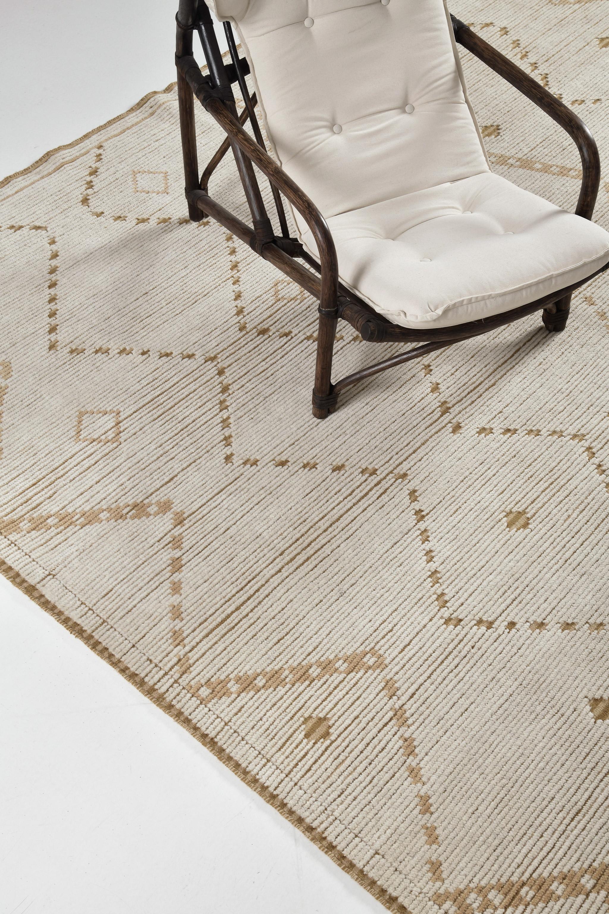 Albarino in Estancia Collection features an all over aesthetic pattern in bone and british tan. Lozenge patterns are featured in this mesmerizing rug representing The Eye in ancient Berber motifs that wards off the evil eye. Classy yet