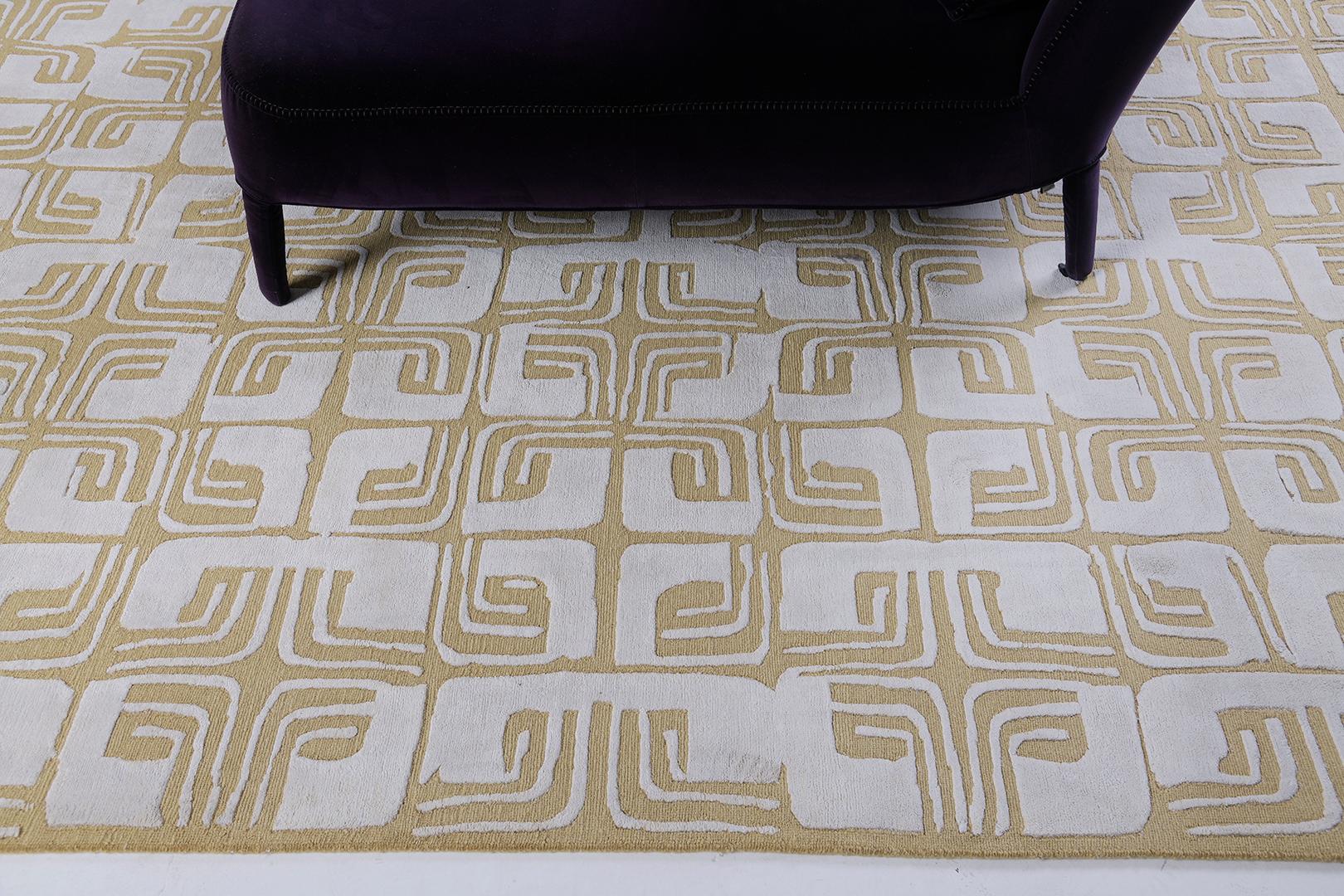 A florid maze repeat in shimmering silver silk and gold wool. The construction of the Anika rug brings together loop texture with sumptuously touchable silk.

Rug Number
29755
Size
9' 0