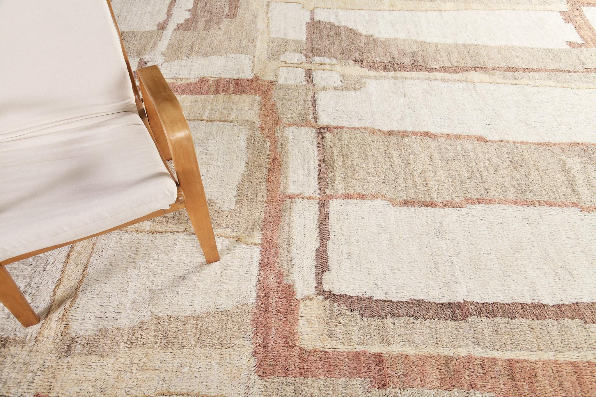 Aziza is a warm and lustrous wool rug with a unique play of colors and irregular shapes. This pile weave has natural-toned embossed textures and unique tassel detailing which makes this piece highly sought after. Mehraban's Atlas collection is noted
