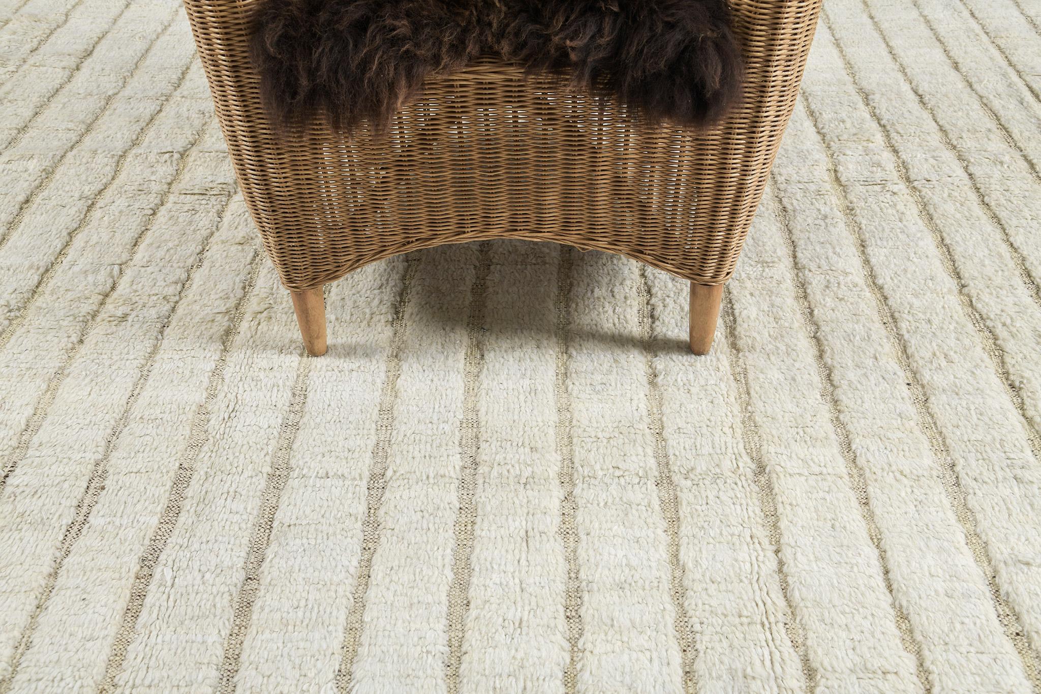 Baragsen in the Nomad Collection is a piece you should not miss. Endearing with gray vertical lines along the ivory plush field, this rug is enclosed with walnut brown checkered motifs and amorphous borders. A piece that will surely fit to your