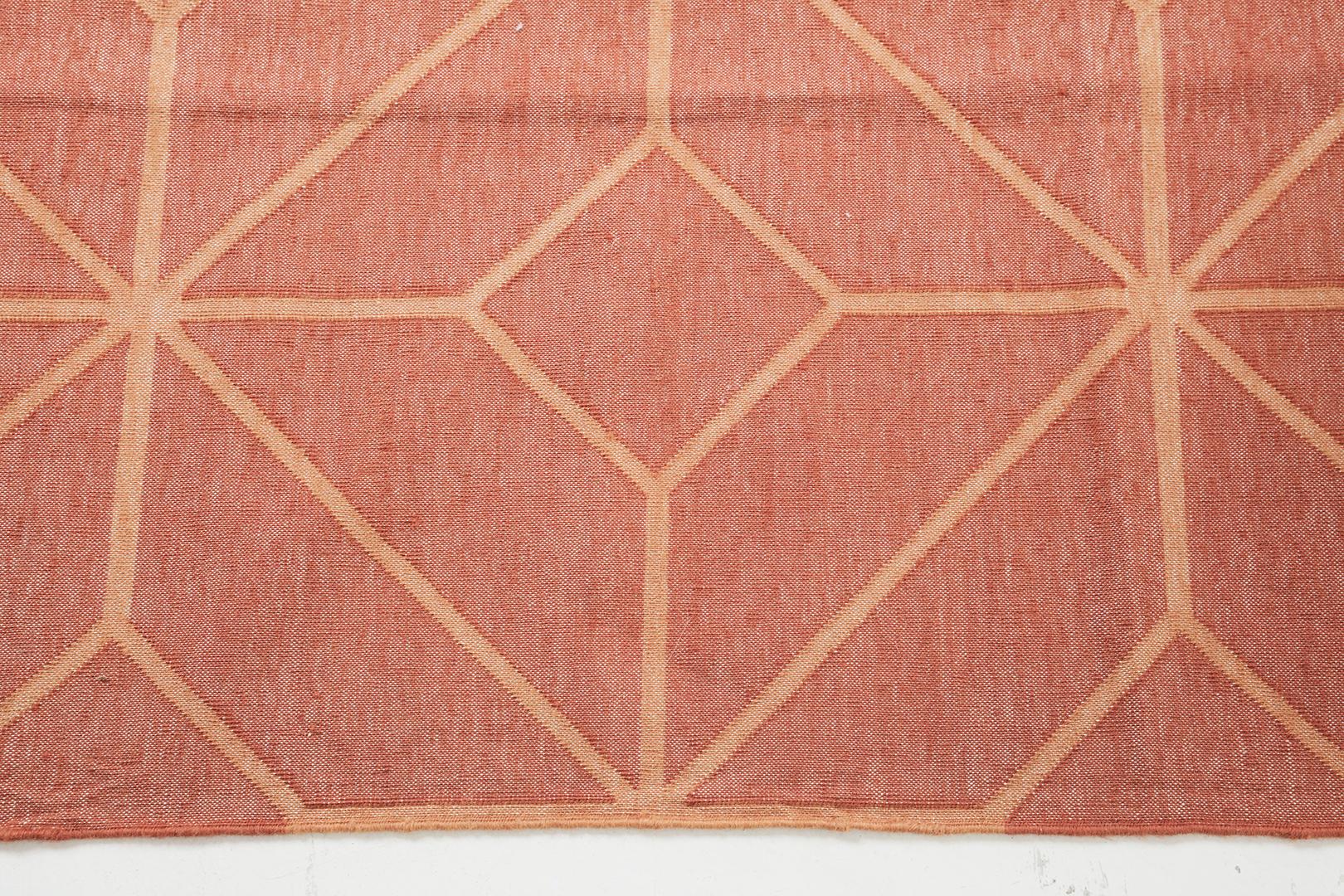 Hand-Knotted Mehraban Contemporary Flat-Weave Rug Cielo Collection Diamante Tangerine For Sale